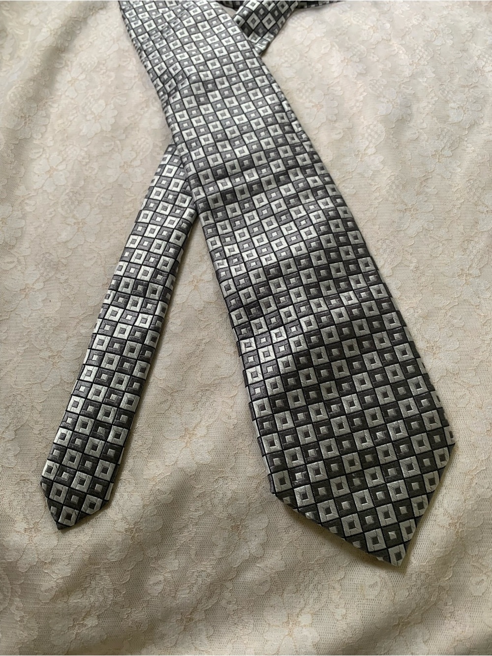 Vintage Todays Man Silk Tie Mens Geometric Square Checkered Black Silver Italy